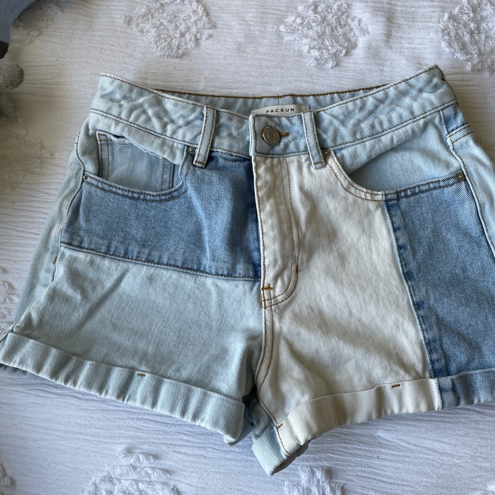 PacSun Women's Patchwork Denim Shorts - Blue and Cream
